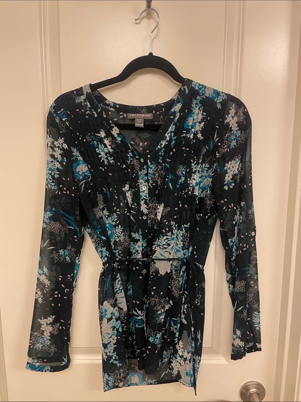 A Pea in the Pod Black Teal Floral Maternity Blouse
